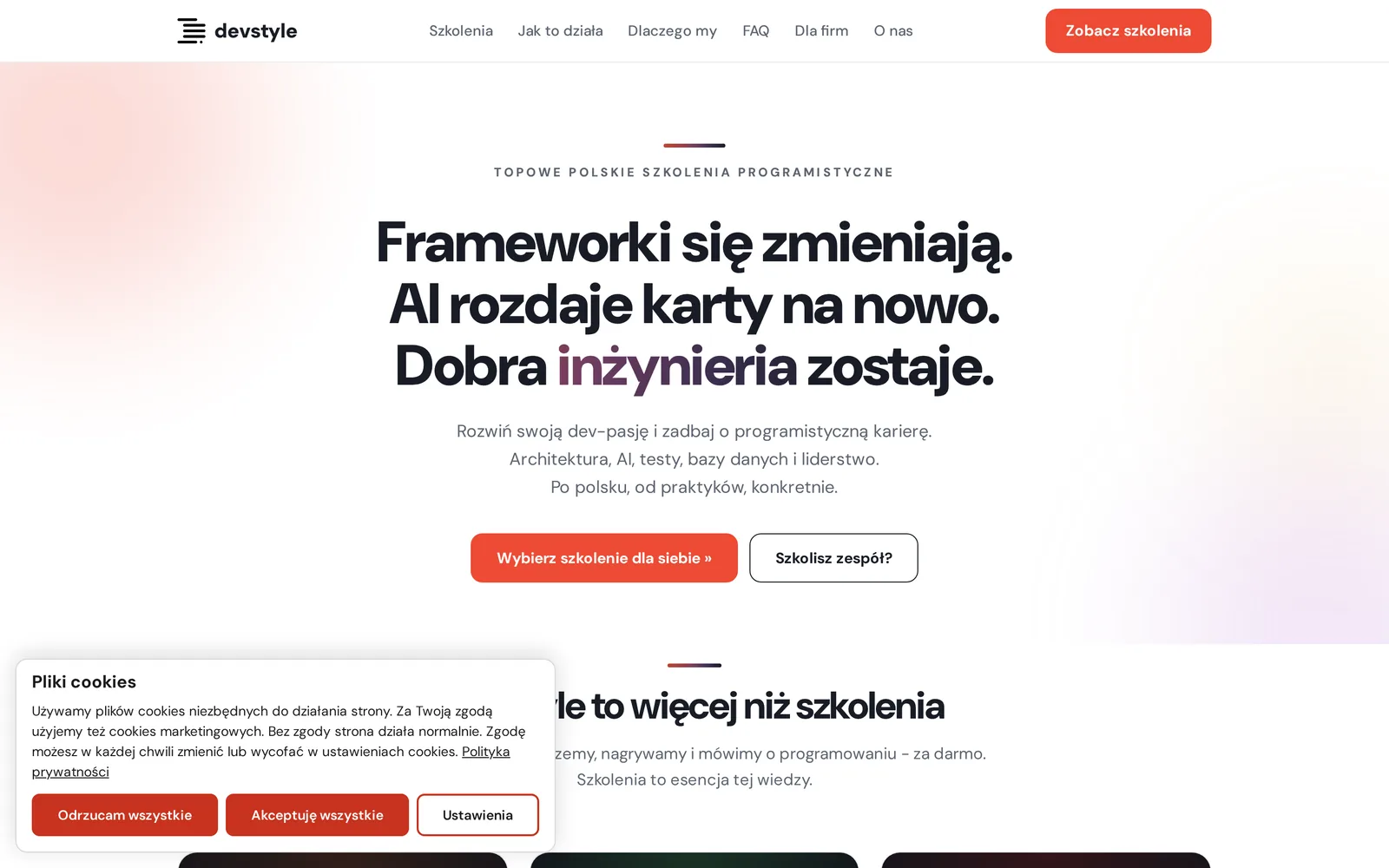 Baner Cookie Style na stronie szkolenia.devstyle.pl: krótka informacja o cookies i trzy przyciski - Odrzucam wszystkie, Akceptuję wszystkie, Ustawienia