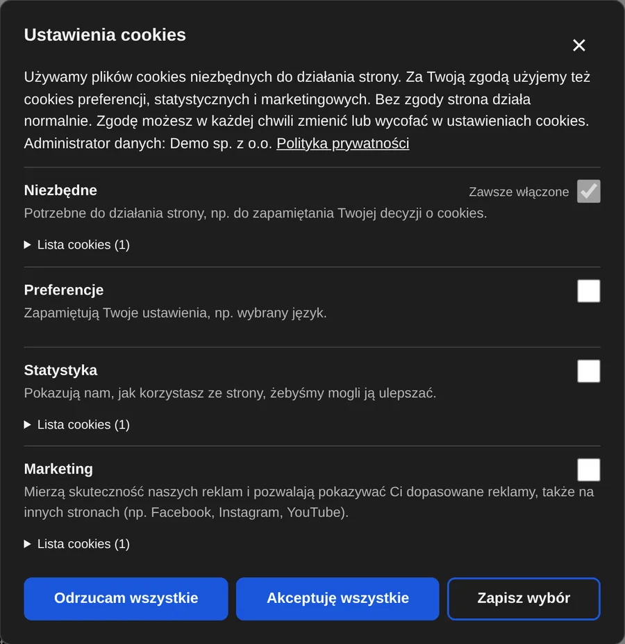 Ustawienia cookies Cookie Style w ciemnym motywie, z czterema kategoriami i niebieskim kolorem akcentu