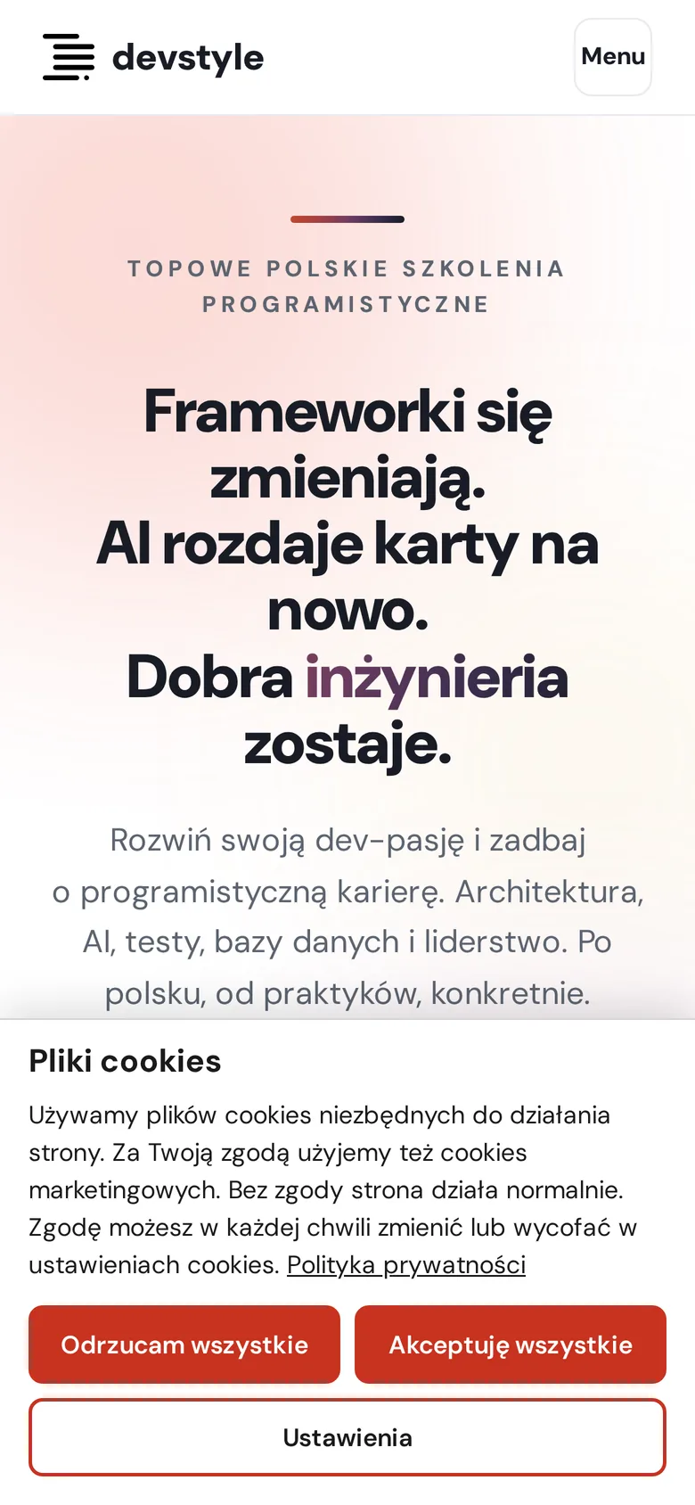 Baner Cookie Style na telefonie, na dole ekranu strony szkolenia.devstyle.pl
