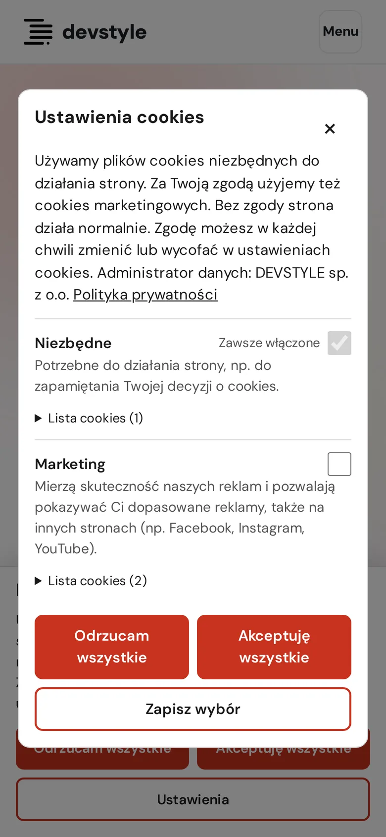Ustawienia cookies Cookie Style na telefonie, z kategoriami i przyciskami