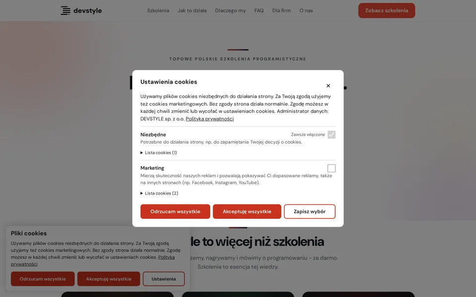 Ustawienia cookies w Cookie Style: kategoria Niezbędne zawsze włączona, kategoria Marketing wyłączona, listy cookies i przyciski Odrzucam wszystkie, Akceptuję wszystkie, Zapisz wybór